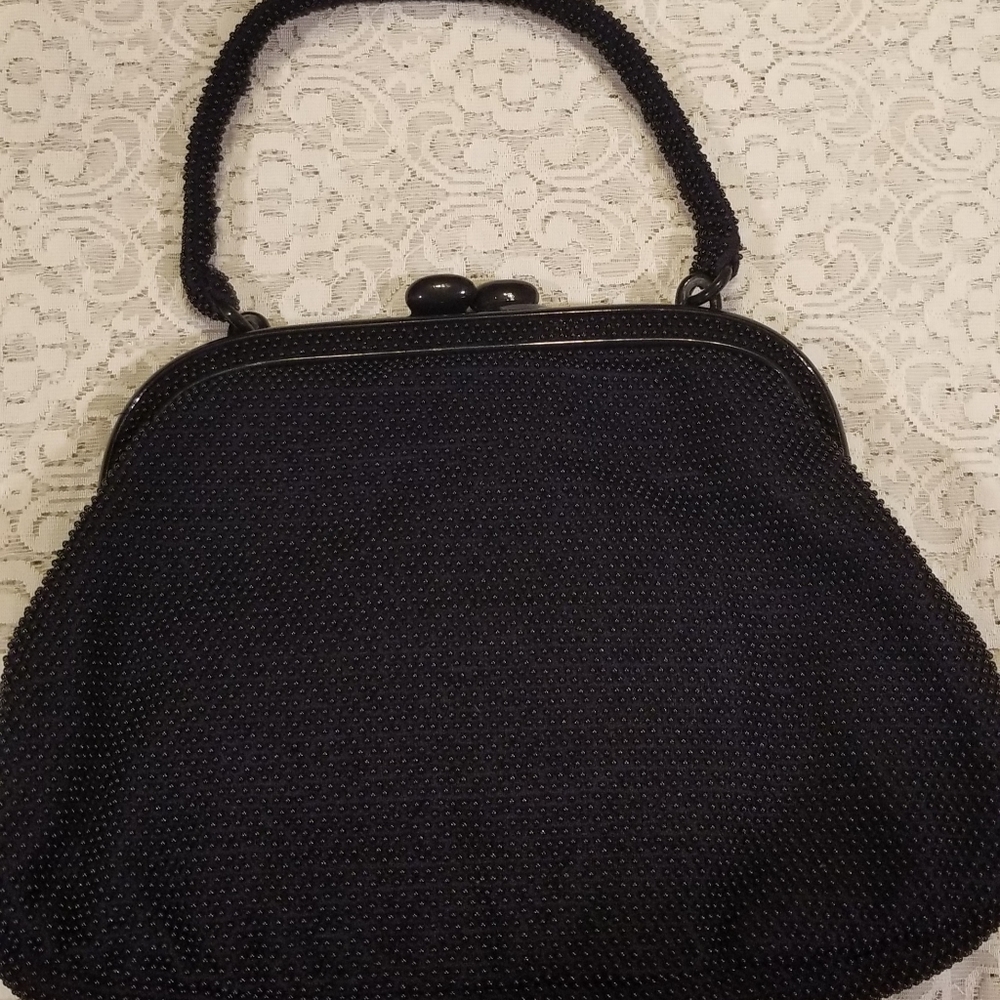 Vintage Navy Blue Handbag with Beaded Handle